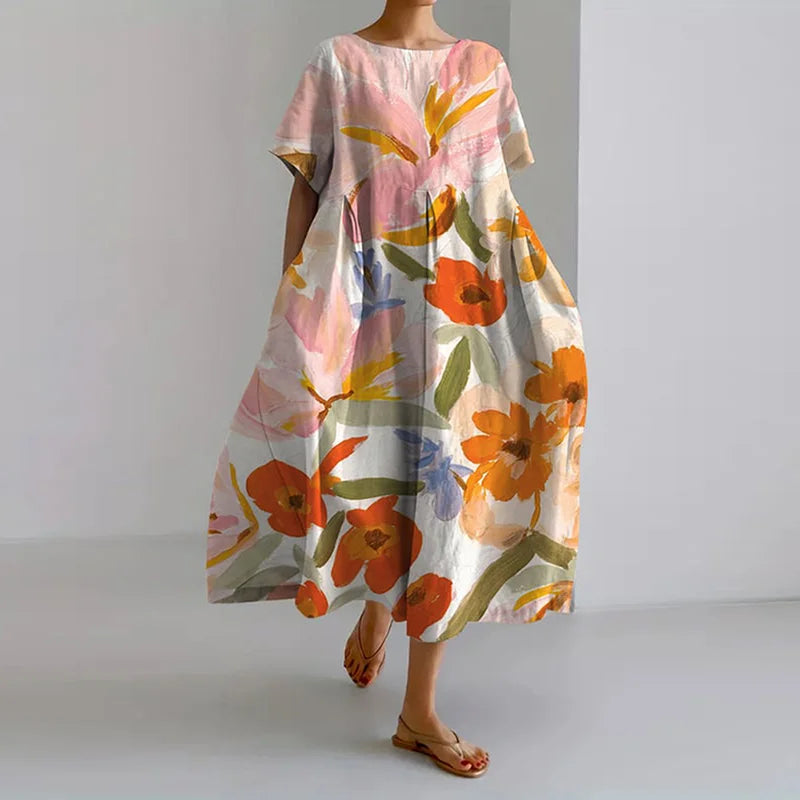 Rashida Floral A-Line Midi Dress with Short Sleeves