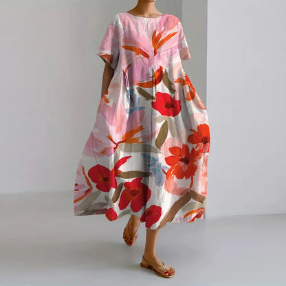Rashida Floral A-Line Midi Dress with Short Sleeves