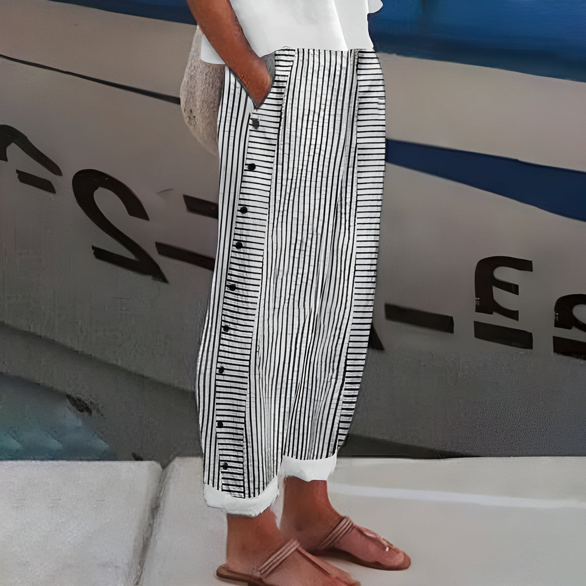 Jahanara Striped Cropped Trousers with Button Detail