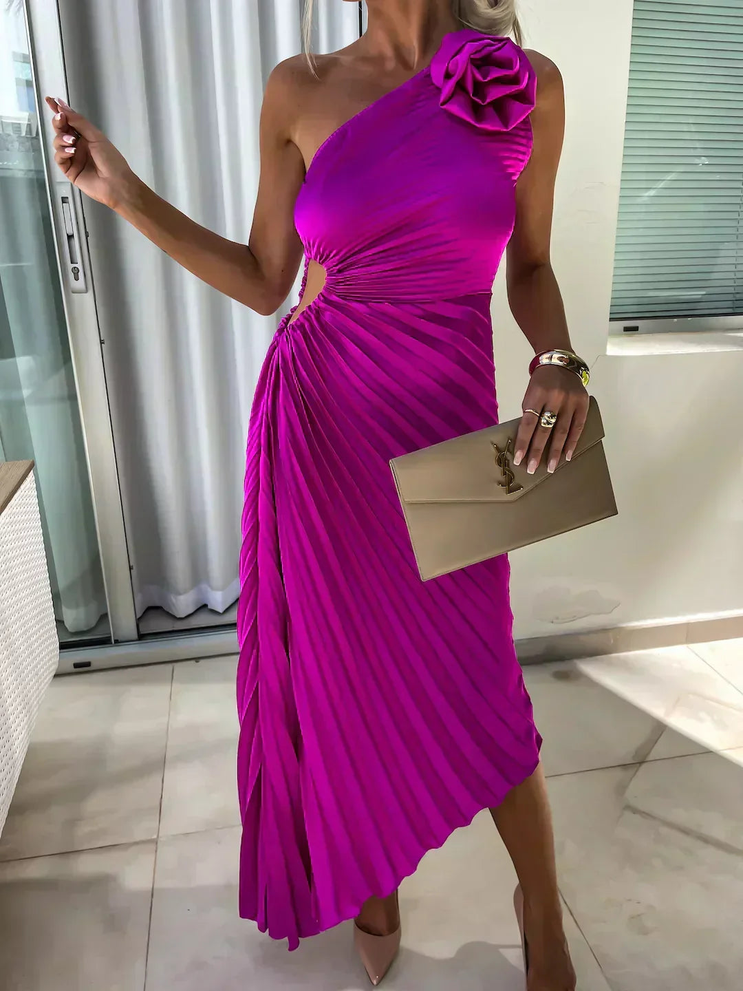 Sigrun Wedding Guest One-Shoulder Pleated Midi Dress