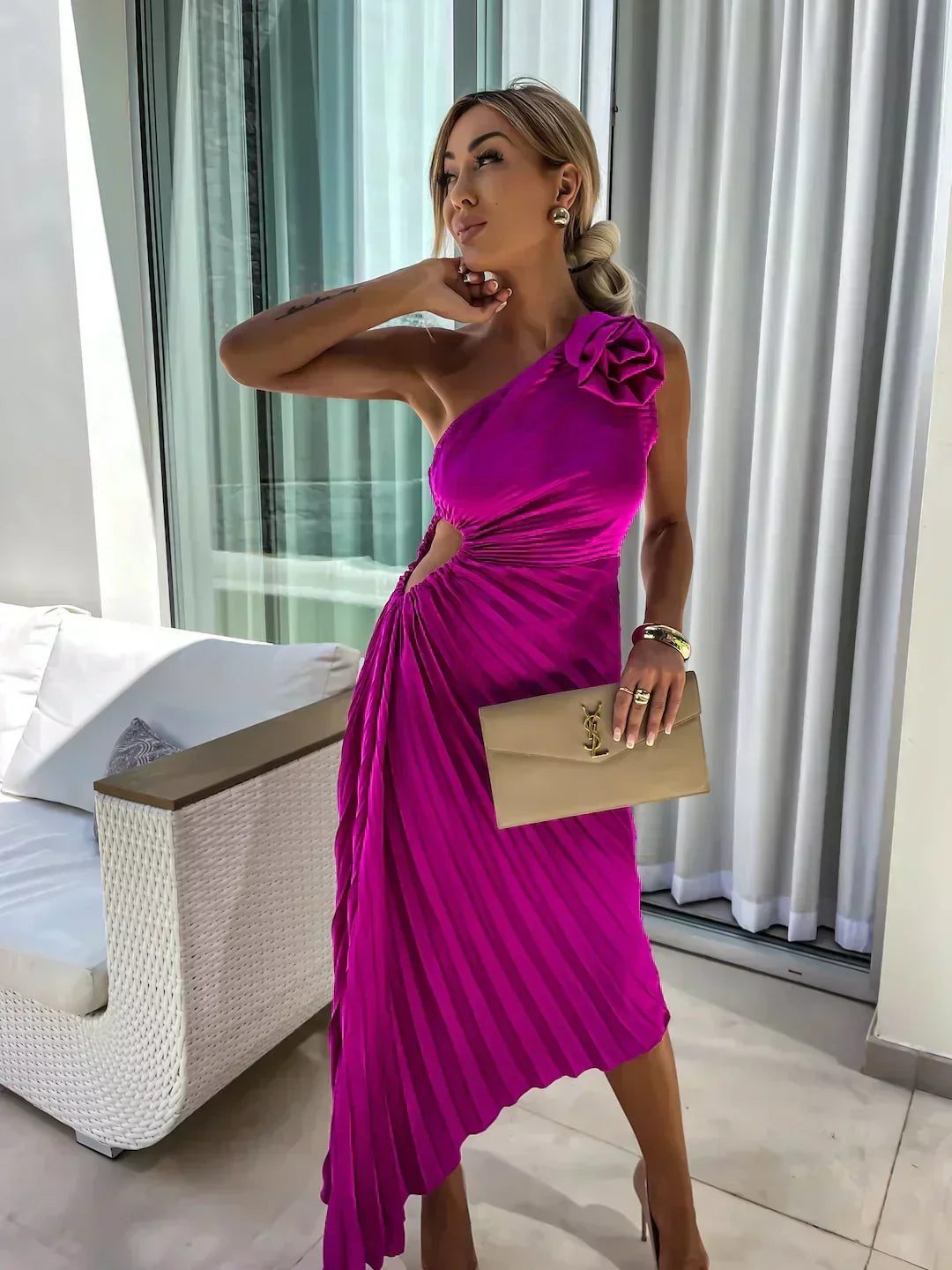Sigrun Wedding Guest One-Shoulder Pleated Midi Dress