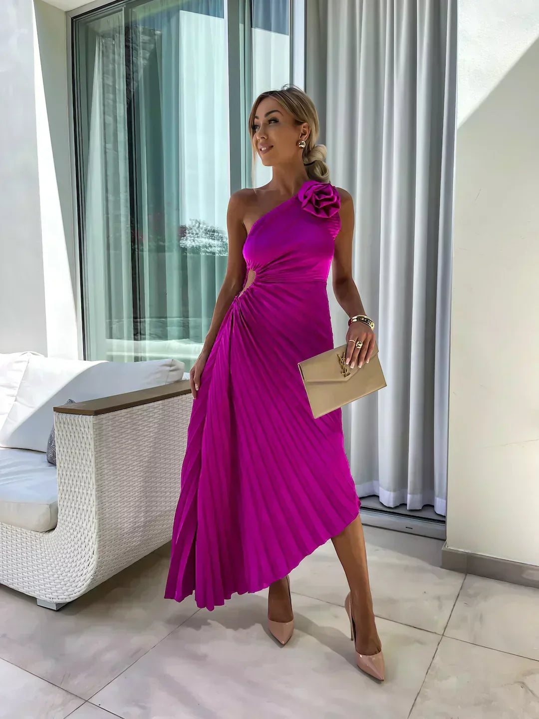 Sigrun Wedding Guest One-Shoulder Pleated Midi Dress