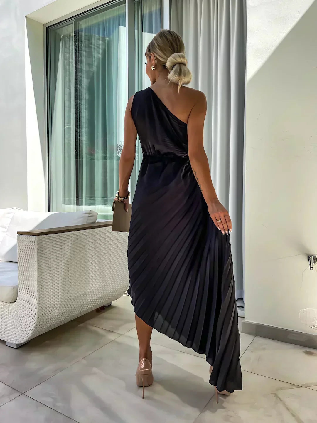 Sigrun Wedding Guest One-Shoulder Pleated Midi Dress