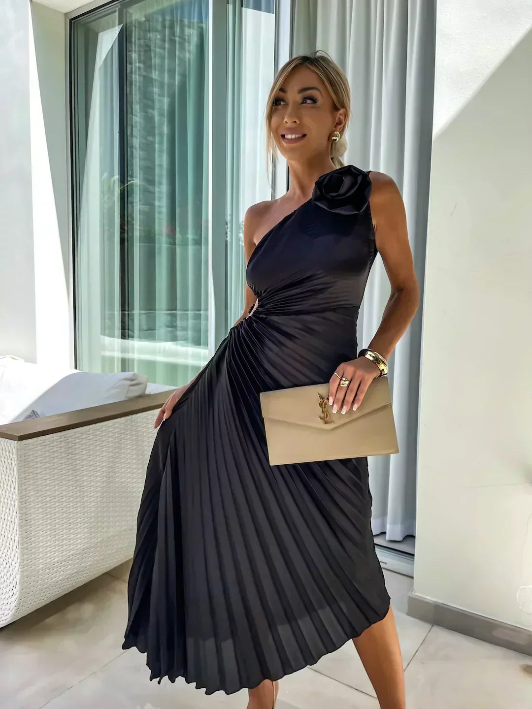 Sigrun Wedding Guest One-Shoulder Pleated Midi Dress