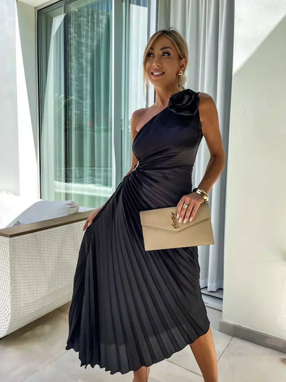 Sigrun Wedding Guest One-Shoulder Pleated Midi Dress