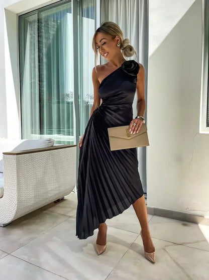 Sigrun Wedding Guest One-Shoulder Pleated Midi Dress