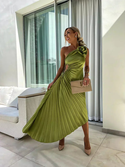Sigrun Wedding Guest One-Shoulder Pleated Midi Dress