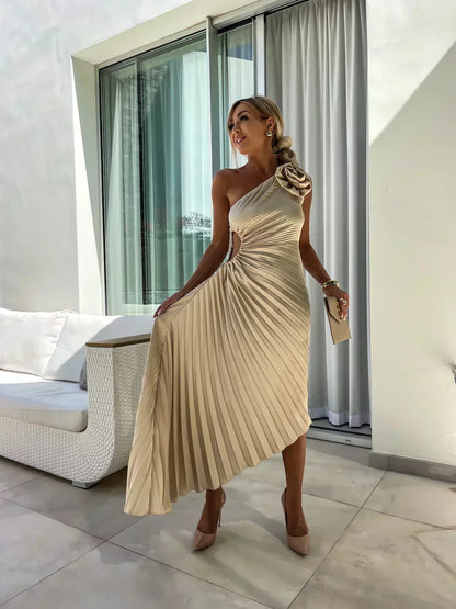 Sigrun Wedding Guest One-Shoulder Pleated Midi Dress