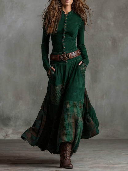Framberge Plaid Maxi Winter Dress with Belt