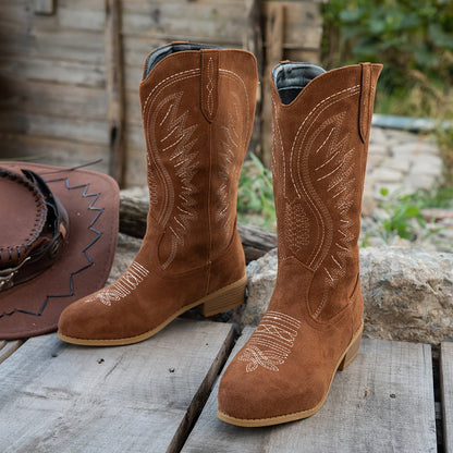 Eustacie Embroidered Cowboy Boots in Light Brown