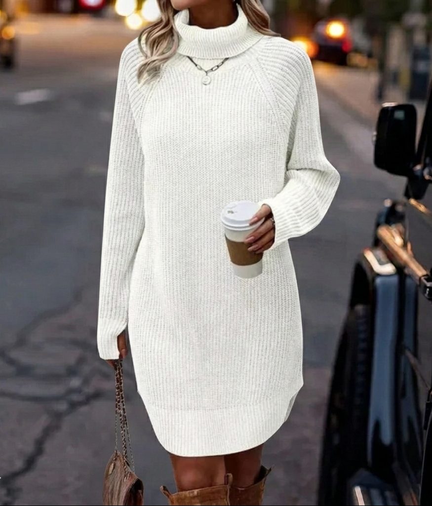 Avelina Ribbed Knit Sweater Dress with Roll Neck