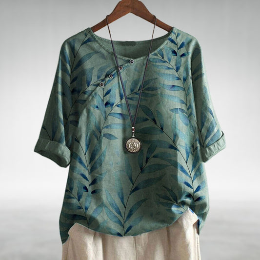 Delfina Printed Blouse with Roll-Up Sleeves and Oversized Fit