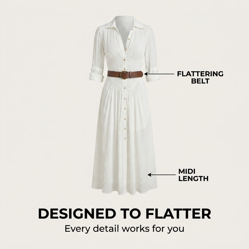 Takouhi V-Neck Button-Down Midi Dress with Belted Waist