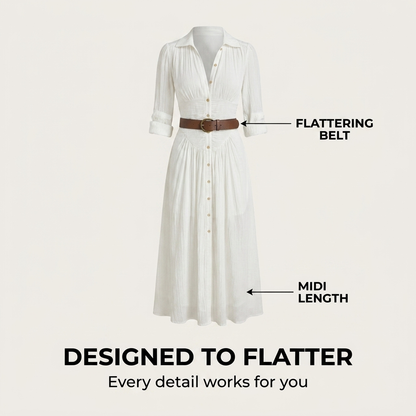 Takouhi V-Neck Button-Down Midi Dress with Belted Waist