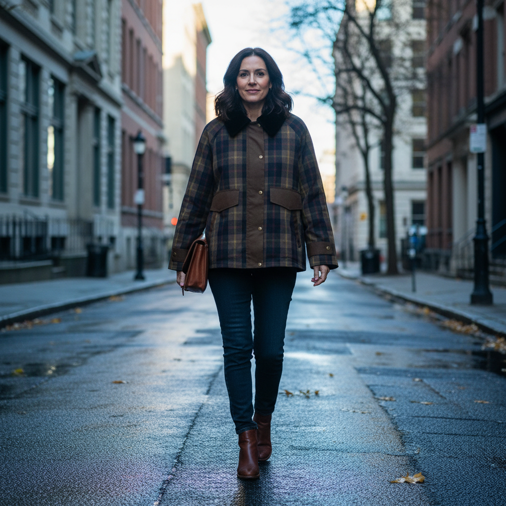 Heahburh Plaid Button-Down Jacket with Faux Fur Collar
