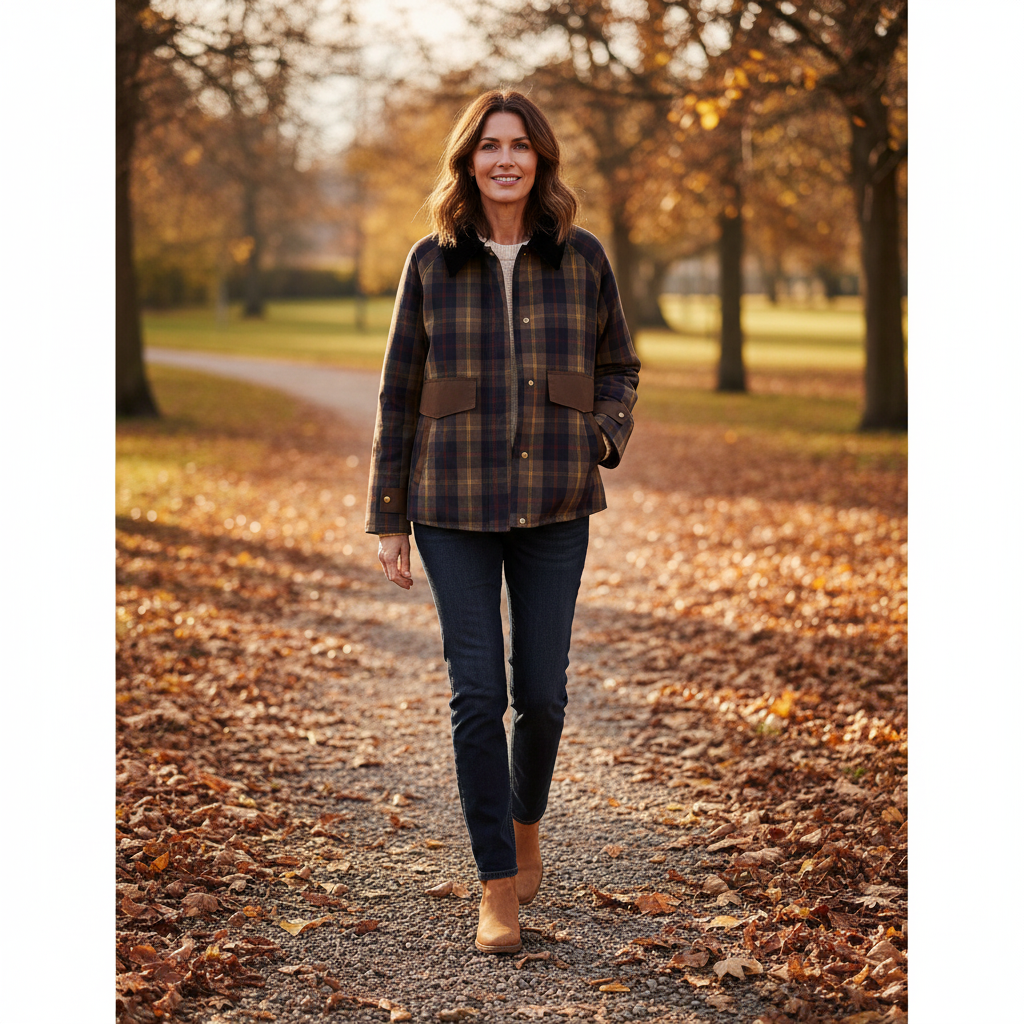 Heahburh Plaid Button-Down Jacket with Faux Fur Collar