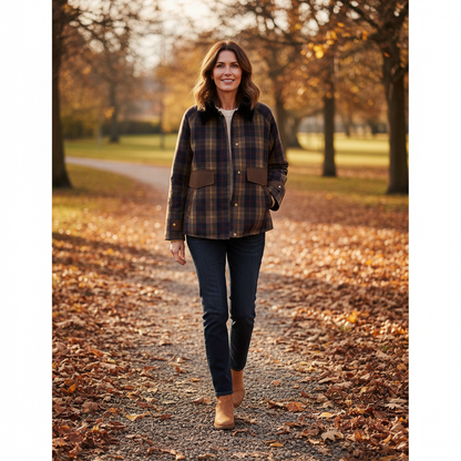 Heahburh Plaid Button-Down Jacket with Faux Fur Collar