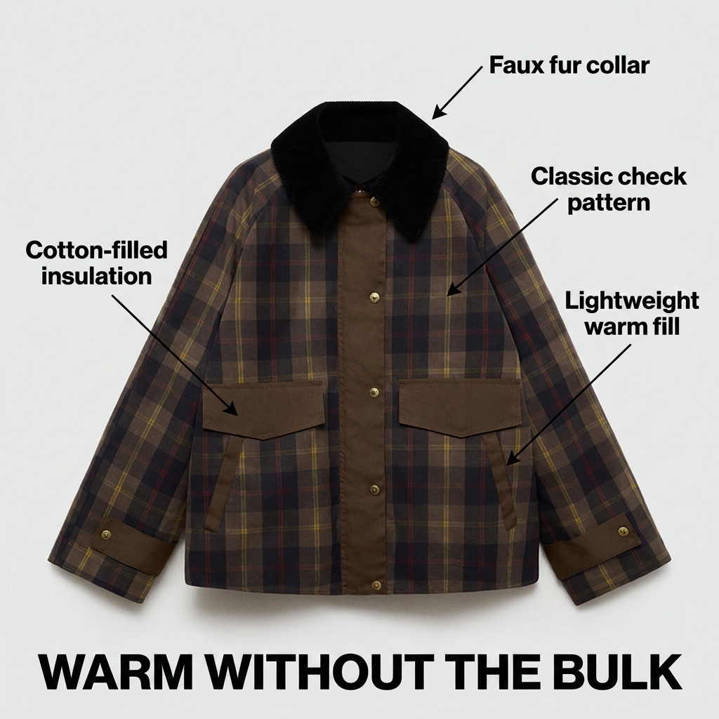 Heahburh Plaid Button-Down Jacket with Faux Fur Collar