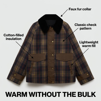 Heahburh Plaid Button-Down Jacket with Faux Fur Collar