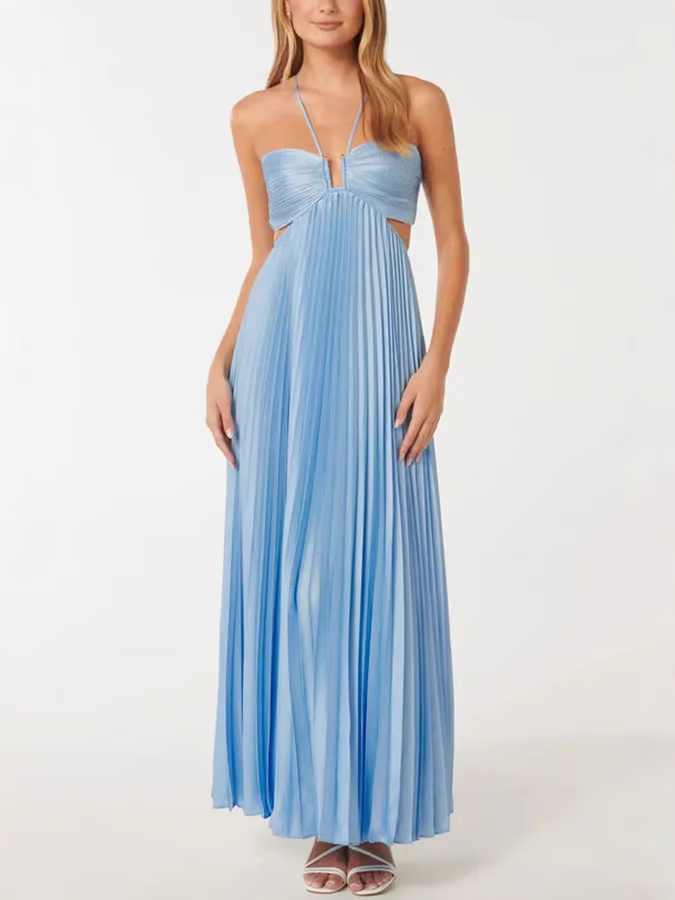 Heghine Wedding Guest Halterneck Pleated Maxi Dress