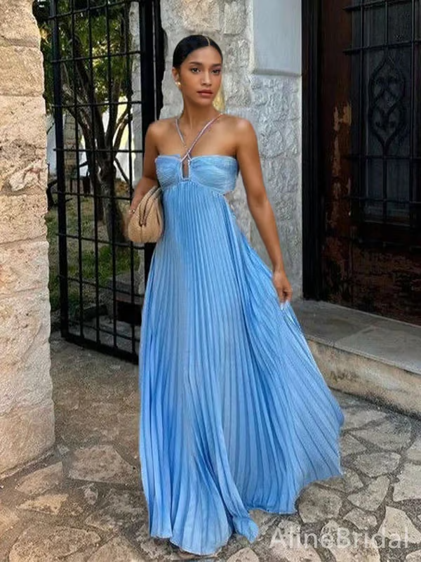 Heghine Wedding Guest Halterneck Pleated Maxi Dress