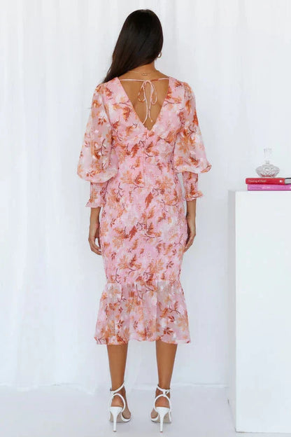 Tsovinar Floral Wedding Guest Midi Dress with Puff Sleeves