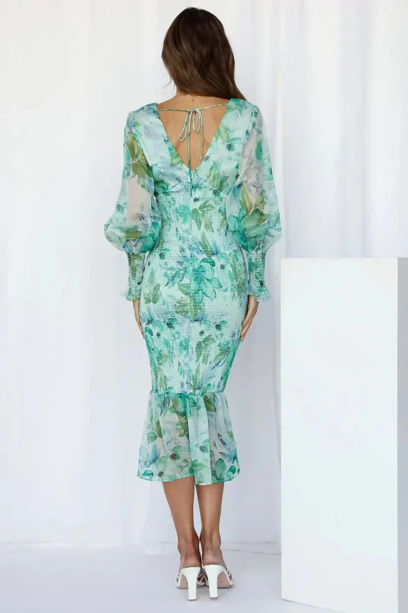 Tsovinar Floral Wedding Guest Midi Dress with Puff Sleeves
