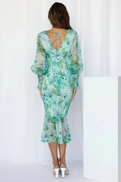 Tsovinar Floral Wedding Guest Midi Dress with Puff Sleeves