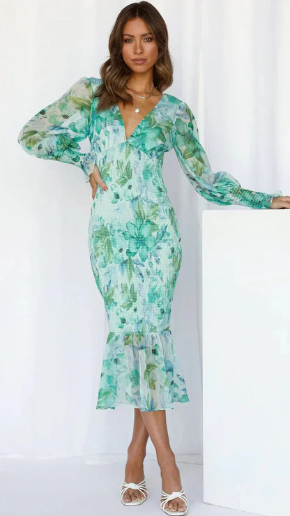Tsovinar Floral Wedding Guest Midi Dress with Puff Sleeves