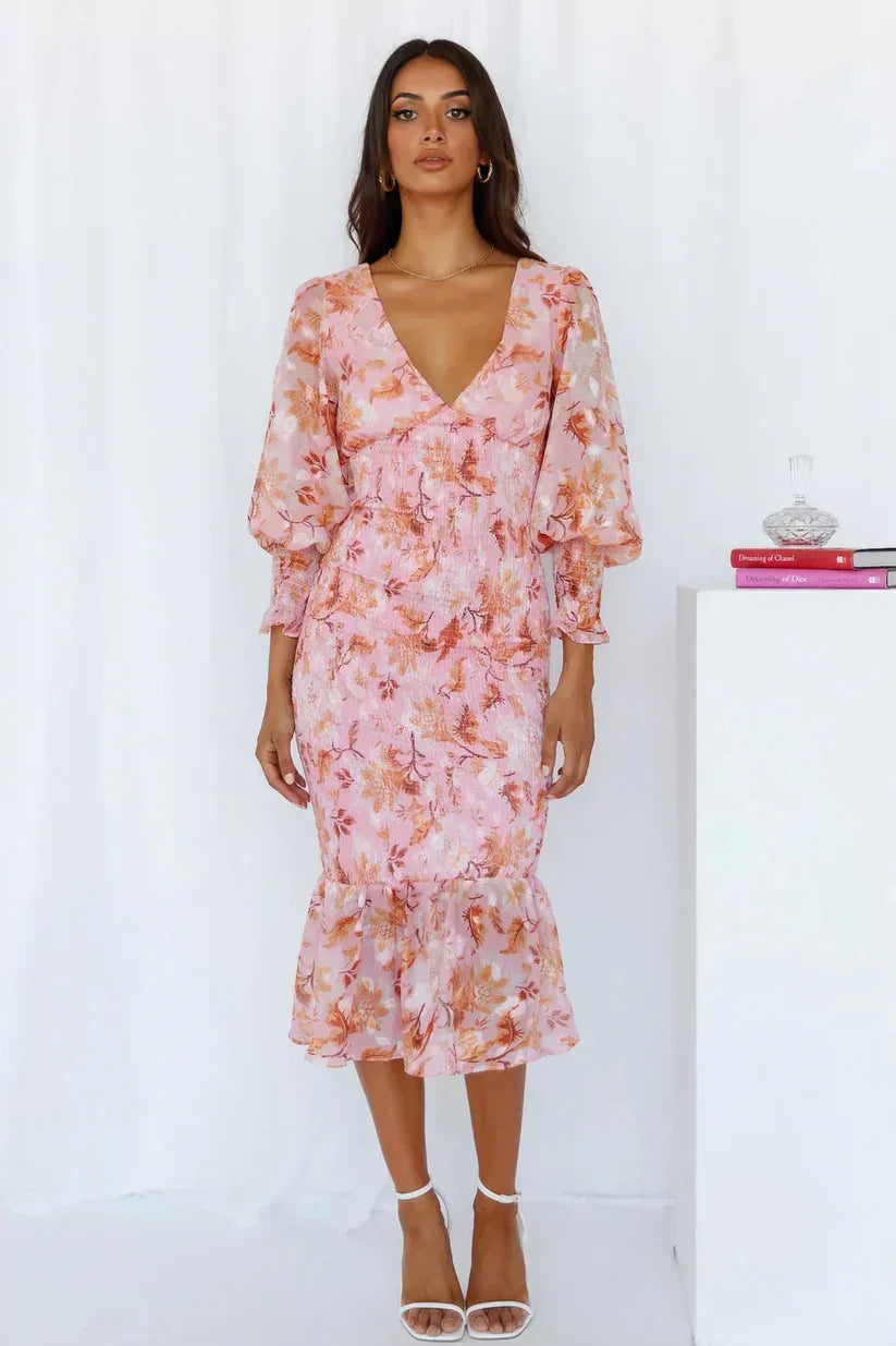 Tsovinar Floral Wedding Guest Midi Dress with Puff Sleeves