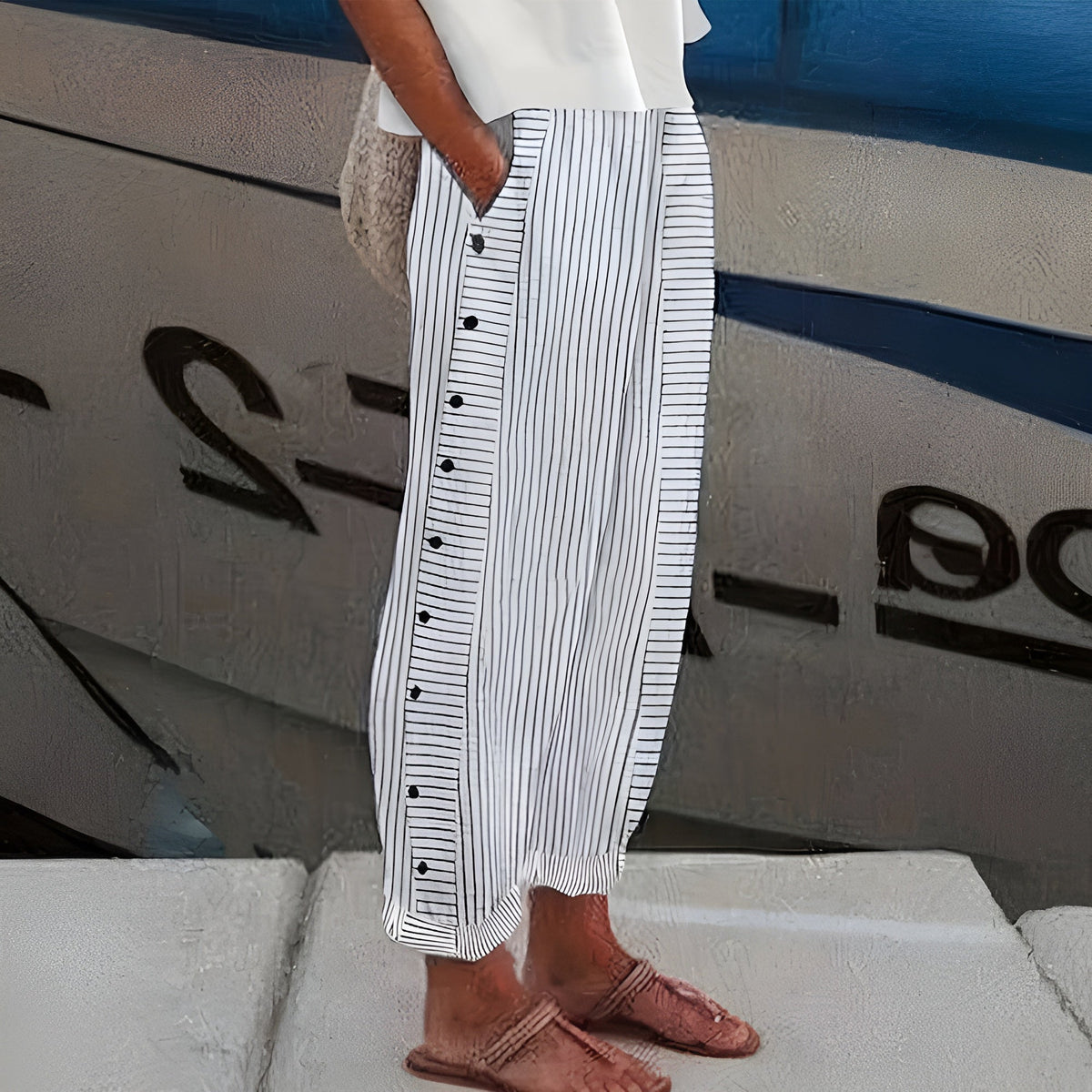 Jahanara Striped Cropped Trousers with Button Detail