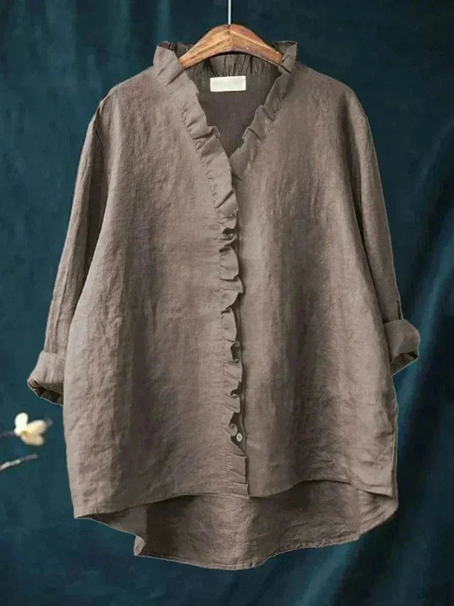 Helewise Linen Ruffle Button-Down Blouse
