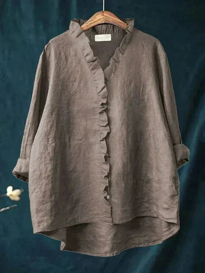 Helewise Linen Ruffle Button-Down Blouse