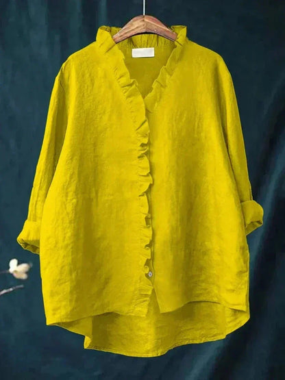 Helewise Linen Ruffle Button-Down Blouse