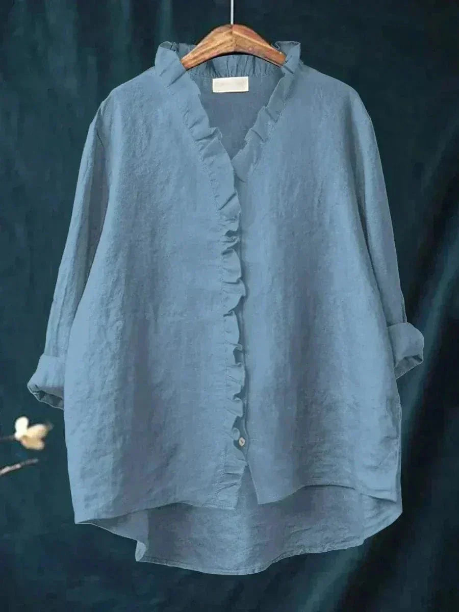 Helewise Linen Ruffle Button-Down Blouse