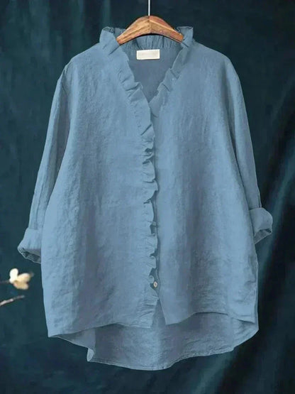 Helewise Linen Ruffle Button-Down Blouse