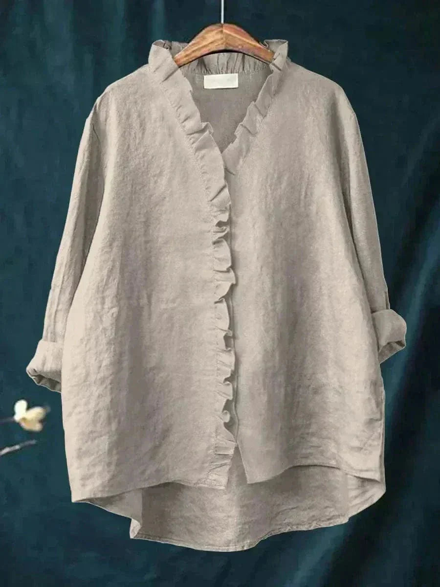 Helewise Linen Ruffle Button-Down Blouse