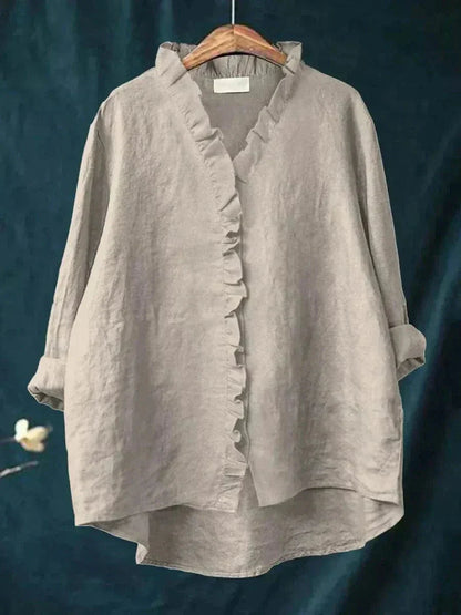 Helewise Linen Ruffle Button-Down Blouse