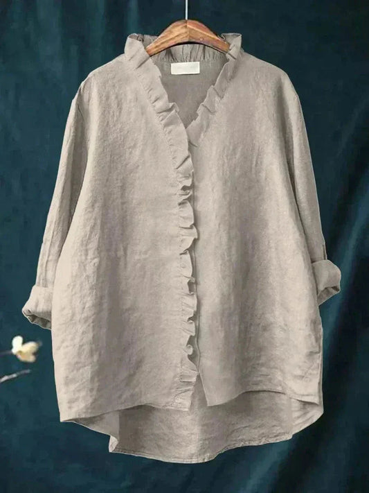 Helewise Linen Ruffle Button-Down Blouse