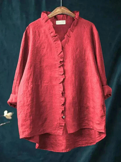 Helewise Linen Ruffle Button-Down Blouse