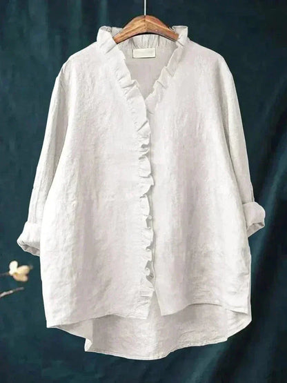 Helewise Linen Ruffle Button-Down Blouse
