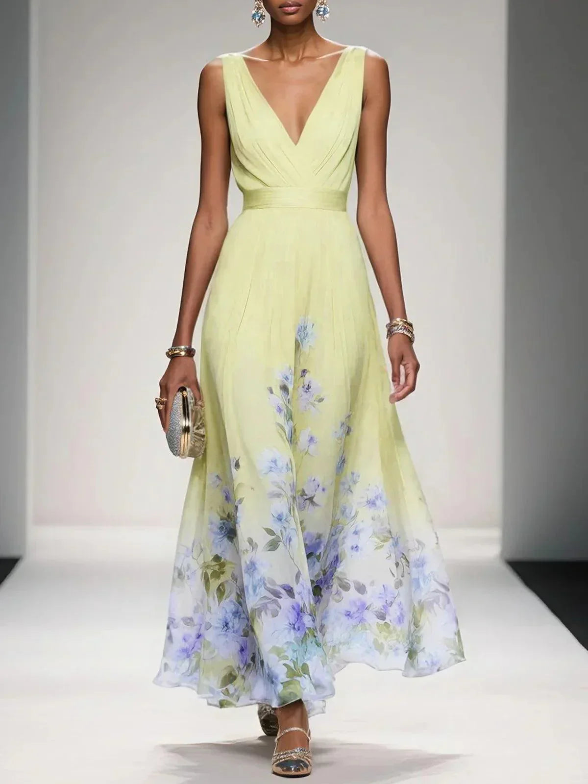 Krystyna Floral Sleeveless Maxi Dress with V-Neck