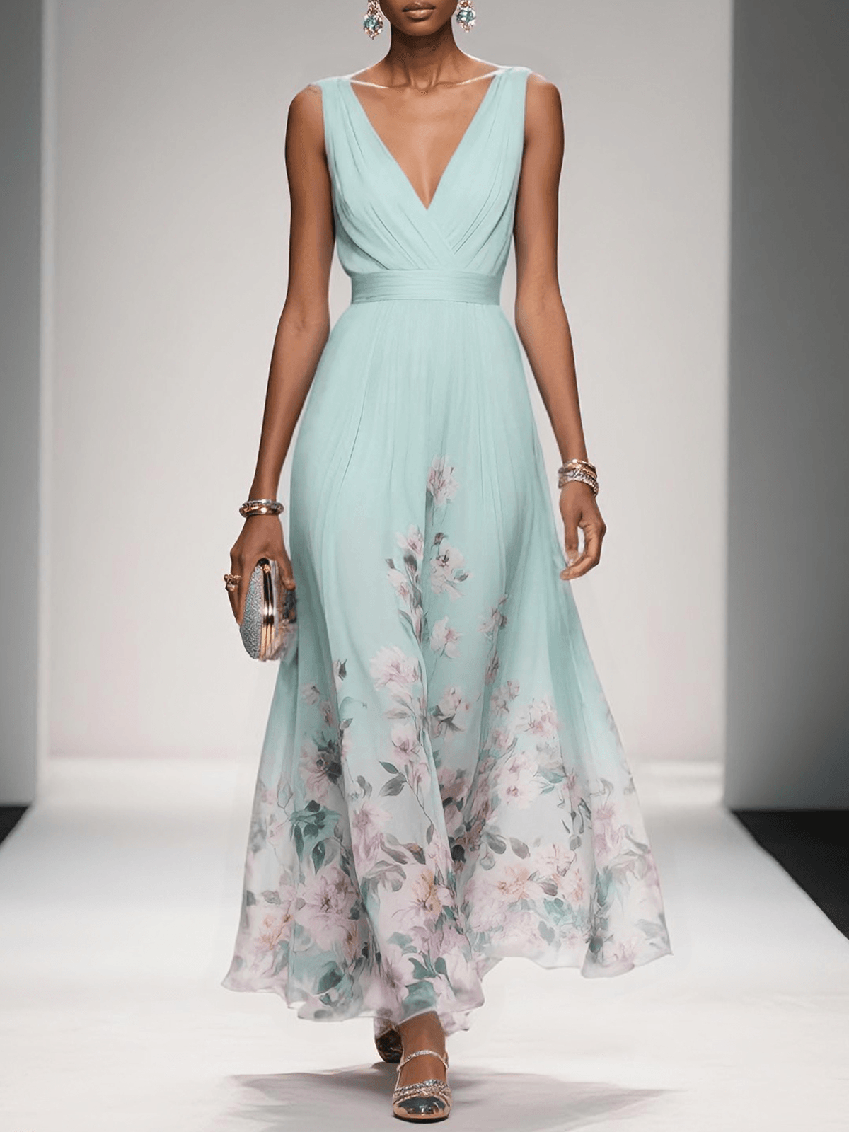 Krystyna Floral Sleeveless Maxi Dress with V-Neck