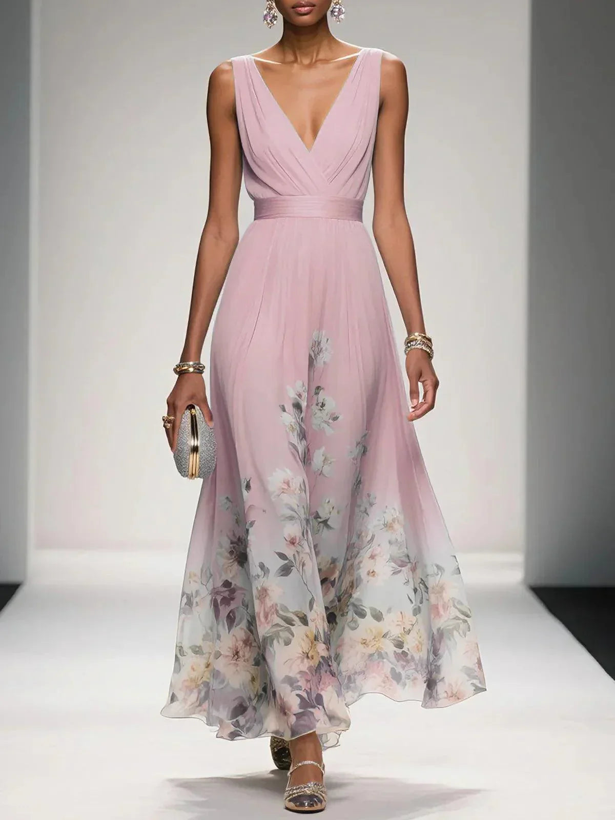 Krystyna Floral Sleeveless Maxi Dress with V-Neck