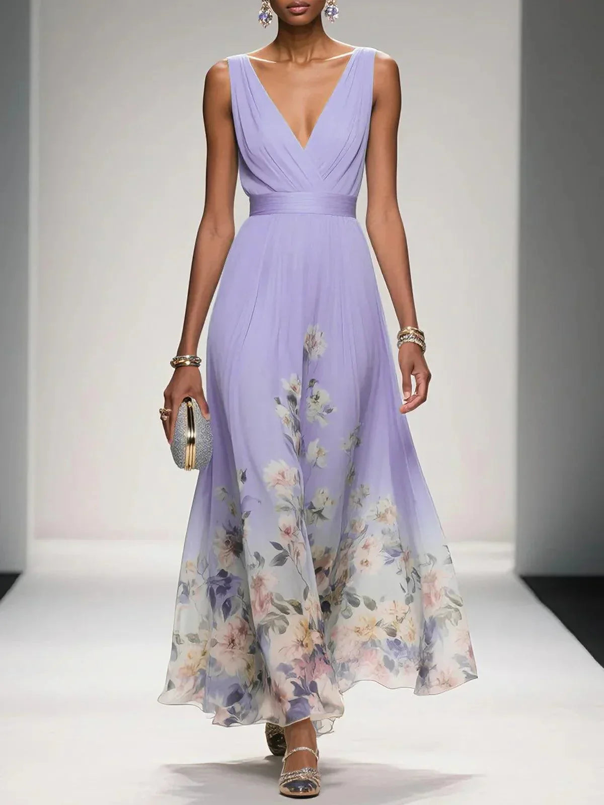 Krystyna Floral Sleeveless Maxi Dress with V-Neck