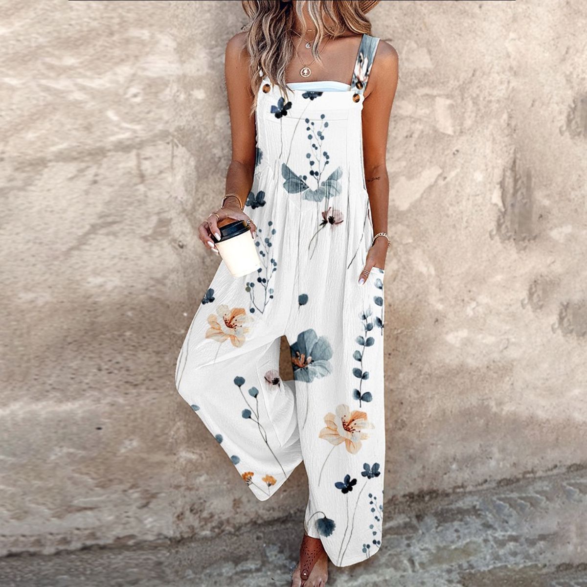 Chiyoko Floral Sleeveless Wide Leg Jumpsuit with Square Neck