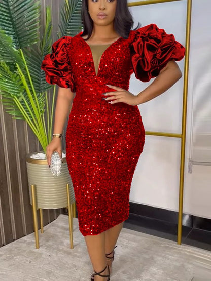 Calixte Sequin Midi Dress for Parties, Puff Sleeves