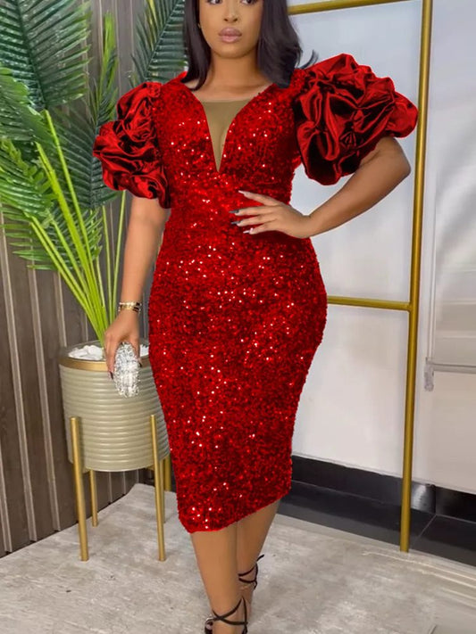 Calixte Sequin Midi Dress for Parties, Puff Sleeves