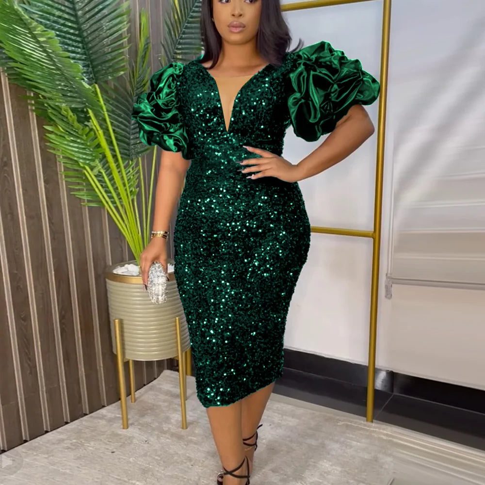 Calixte Sequin Midi Dress for Parties, Puff Sleeves