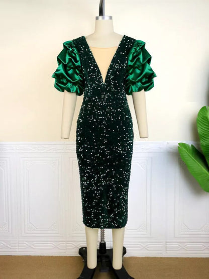 Calixte Sequin Midi Dress for Parties, Puff Sleeves